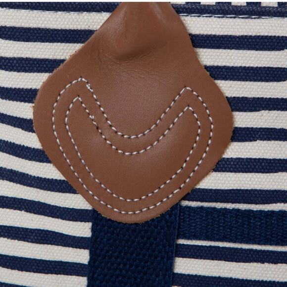 CB Station Canvas Flight Travel Bag Navy Blue Stripes Leather Handles Nautical - Picture 2 of 7